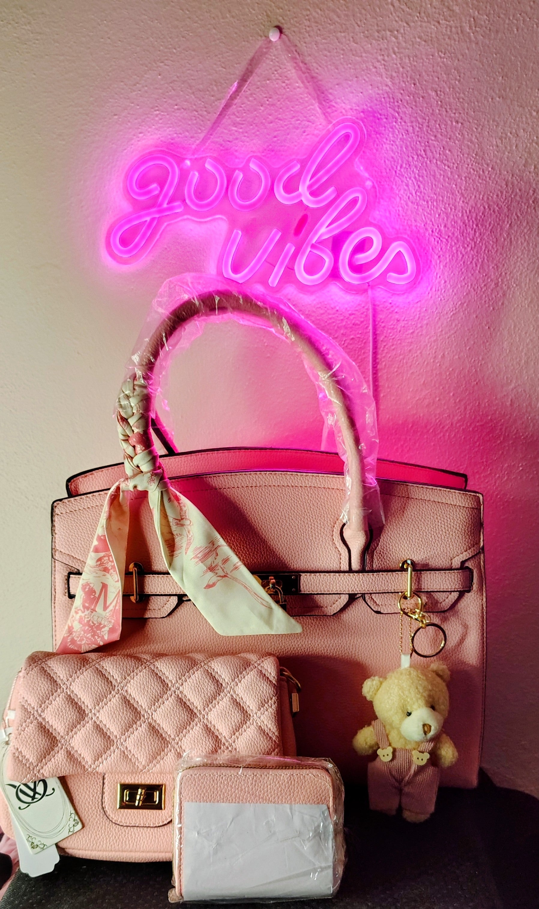Blush Pink Structured Tote with Quilted Pouch and Scarf Accent