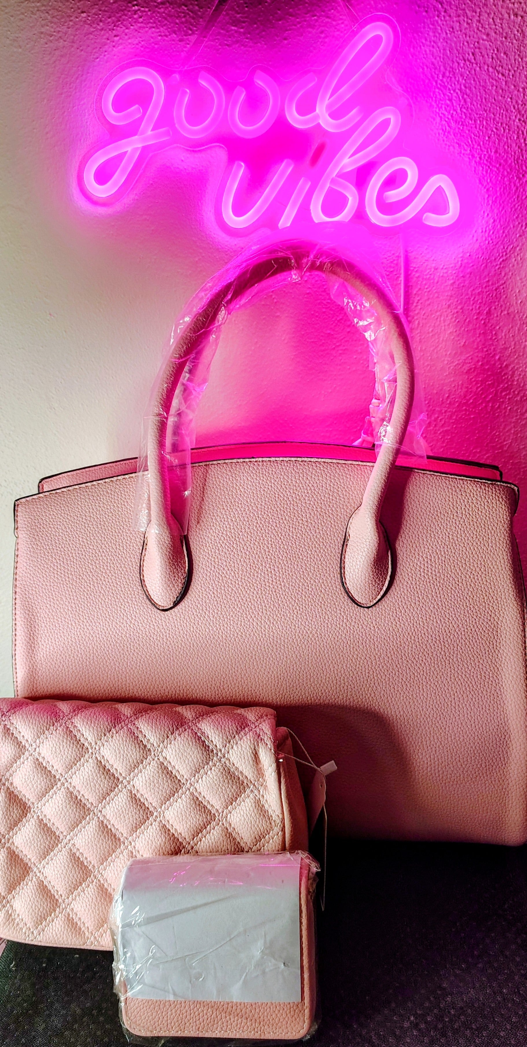 Blush Pink Structured Tote with Quilted Pouch and Scarf Accent