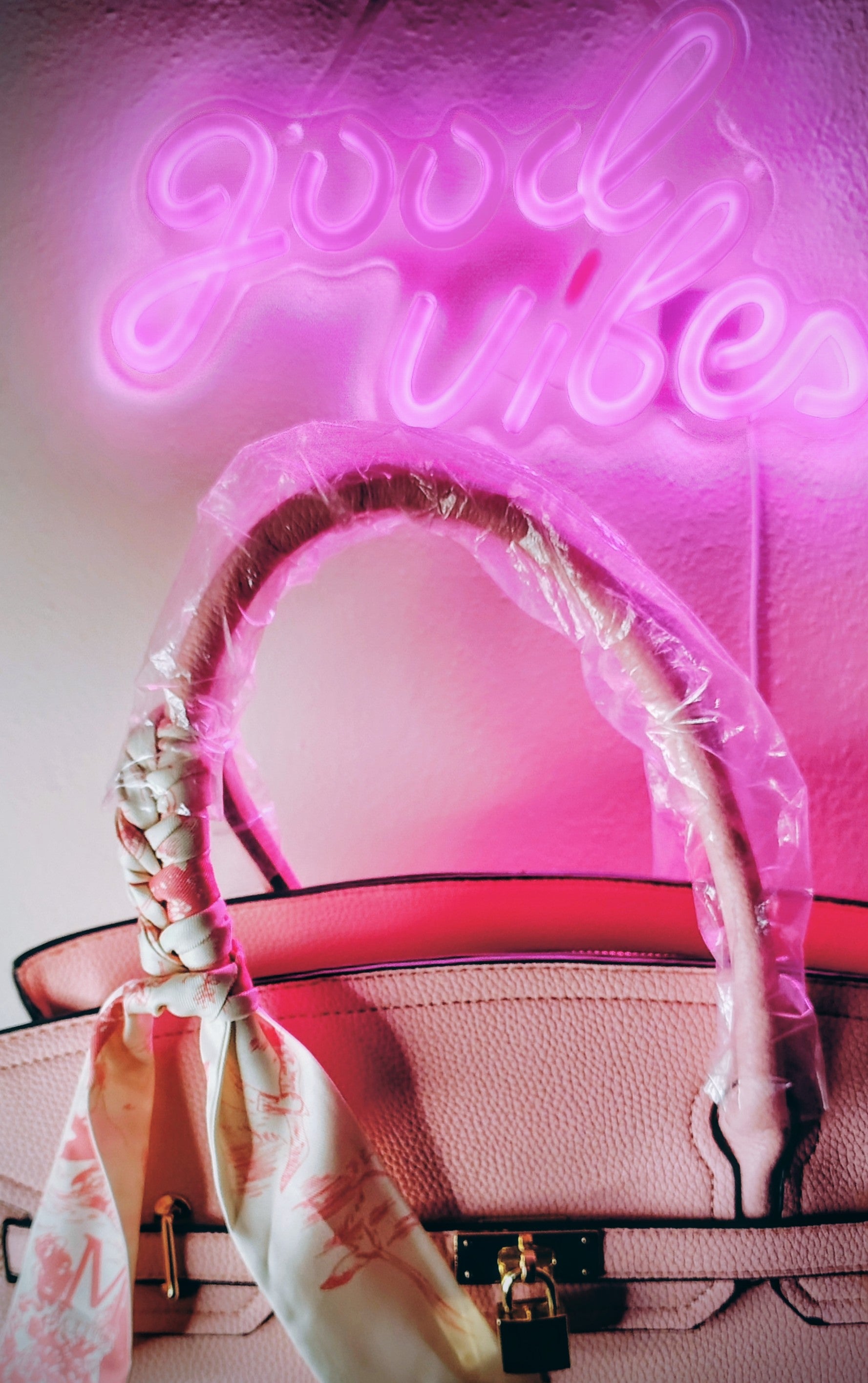 Blush Pink Structured Tote with Quilted Pouch and Scarf Accent
