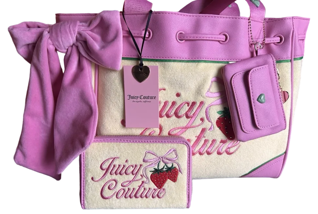 Juicy Couture Pink and Yellow Strawberry Tote with Matching Wallet Set