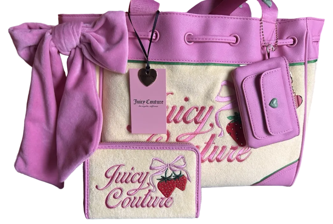 Juicy Couture Pink and Yellow Strawberry Tote with Matching Wallet Set