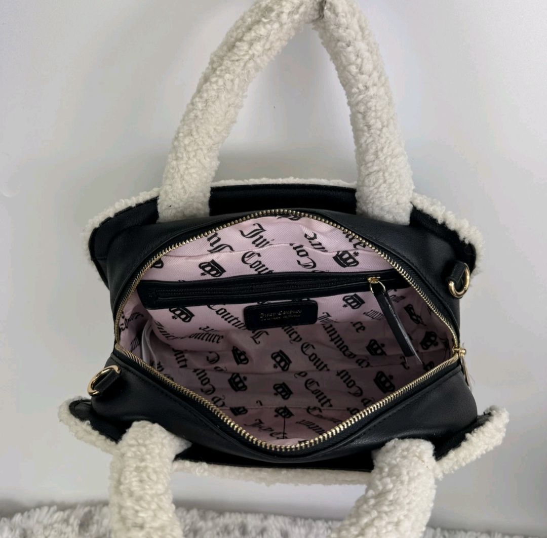Juicy Couture Black & Cream Sherpa Tote with Mini Sherpa Backpack Charm