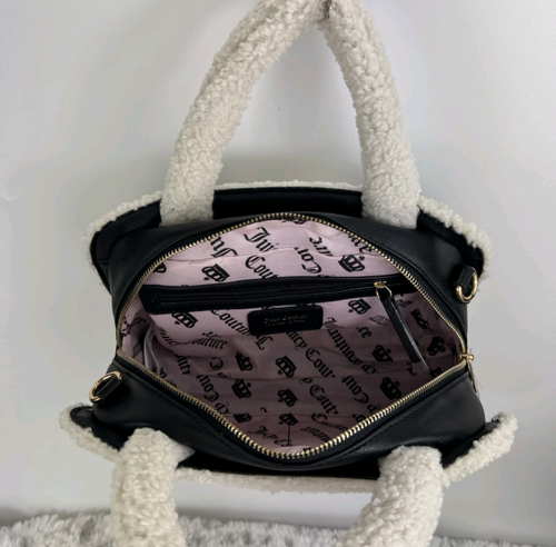 Juicy Couture Black & Cream Sherpa Tote with Mini Sherpa Backpack Charm