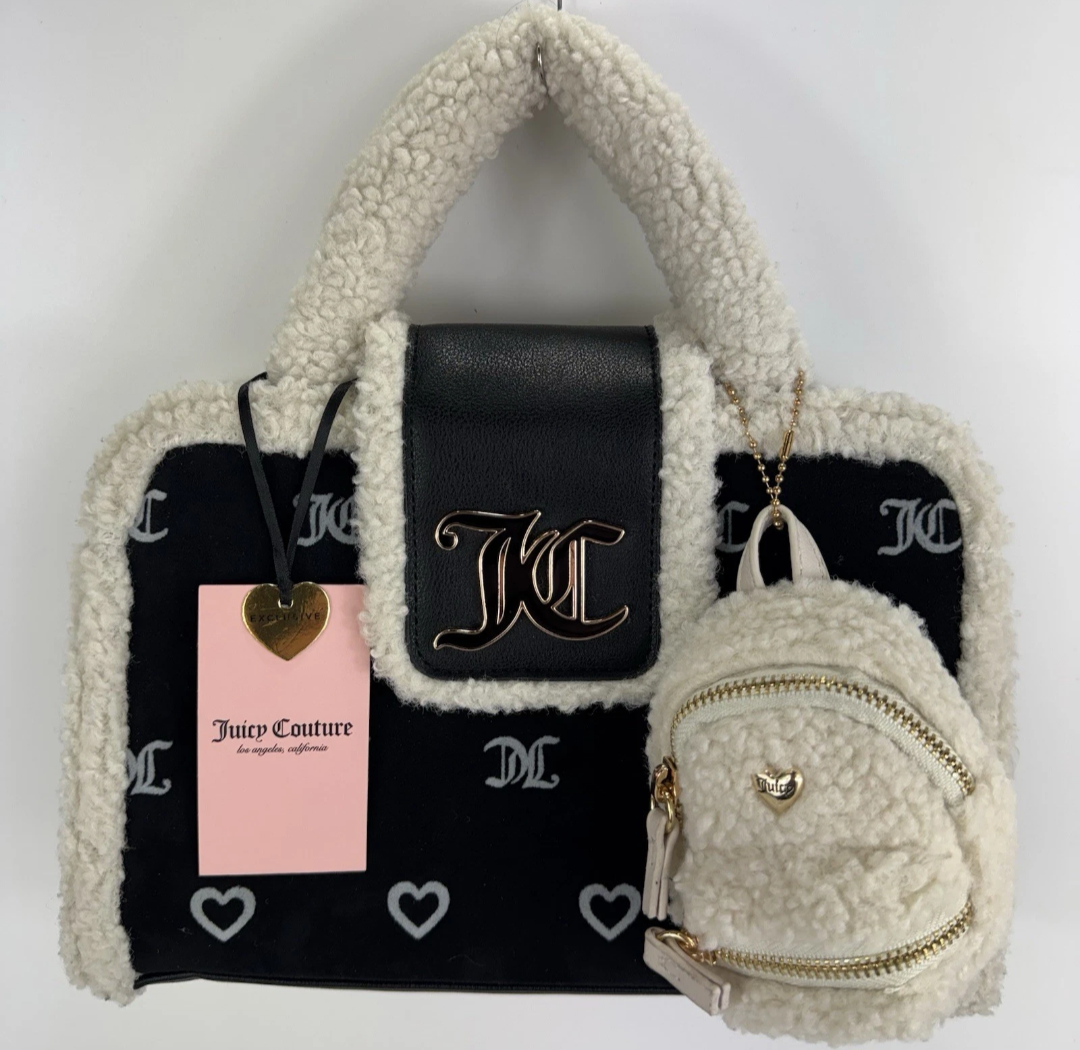 Juicy Couture Black & Cream Sherpa Tote with Mini Sherpa Backpack Charm
