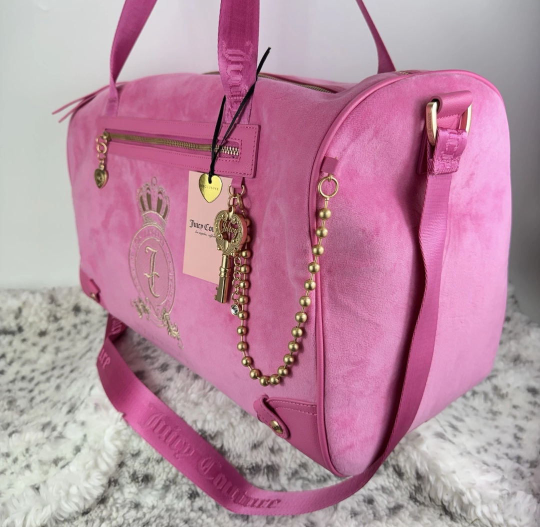 Juicy Couture Hot Pink Velour Travel Duffel with Gold Accents