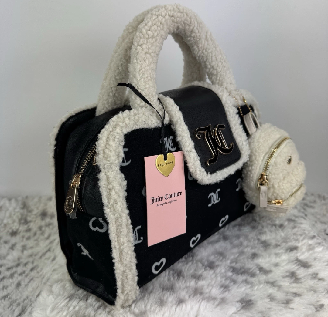 Juicy Couture Black & Cream Sherpa Tote with Mini Sherpa Backpack Charm