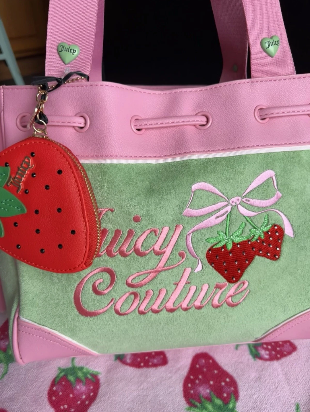 Juicy Couture Pink & Green Strawberry Embroidered Tote