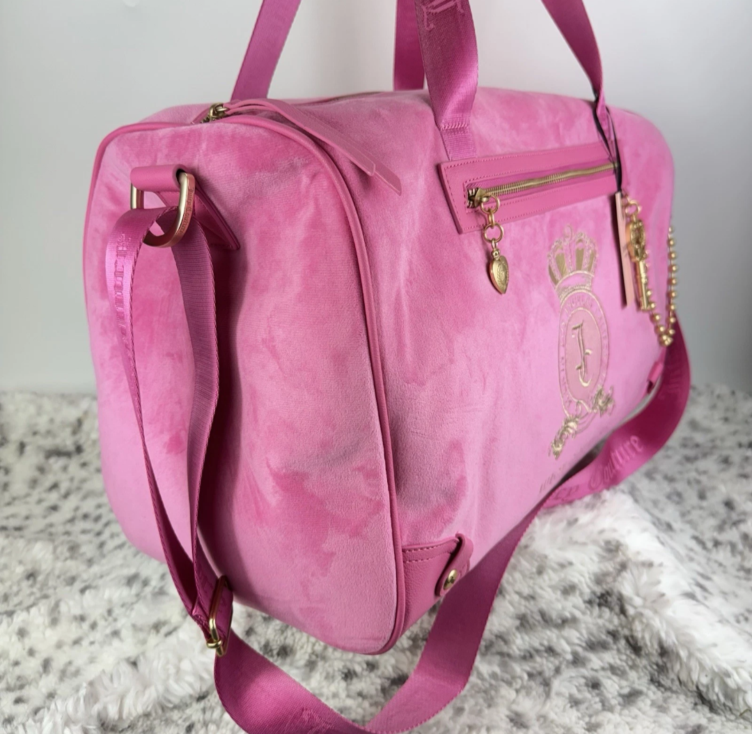 Juicy Couture Hot Pink Velour Travel Duffel with Gold Accents