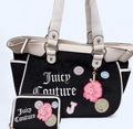 Juicy Couture Black Tote with Cream Straps and Pink Patch Charm/w Matching Wallet