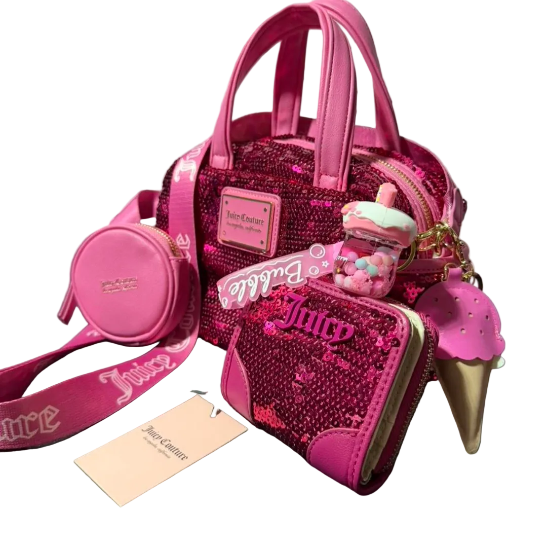 Juicy Couture Pink Sequin Handbag Set/w Matching Wallet