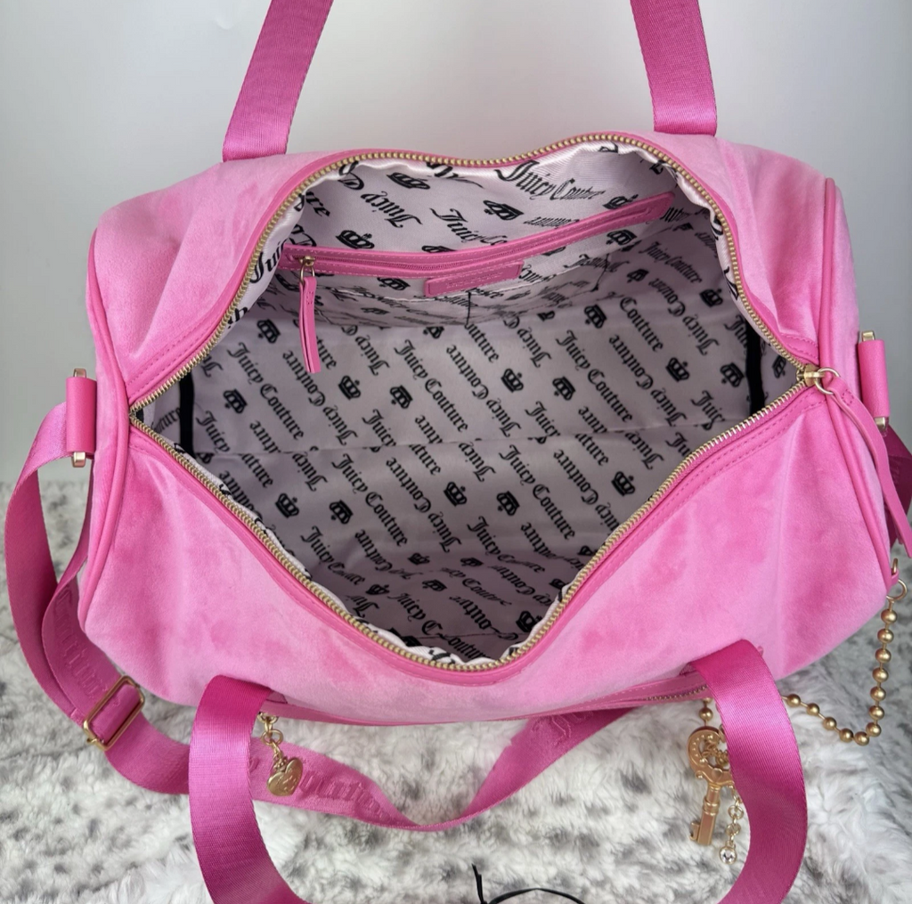 Juicy Couture Hot Pink Velour Travel Duffel with Gold Accents