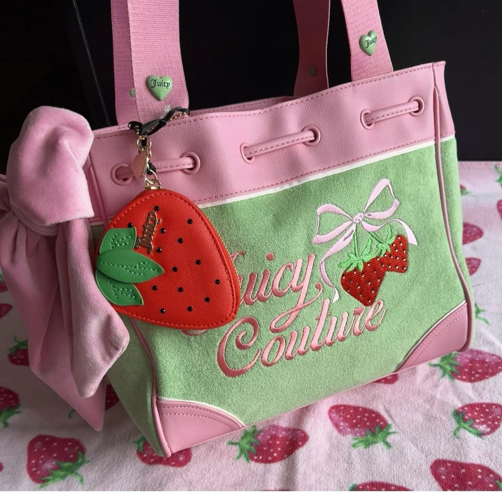 Juicy Couture Pink & Green Strawberry Embroidered Tote