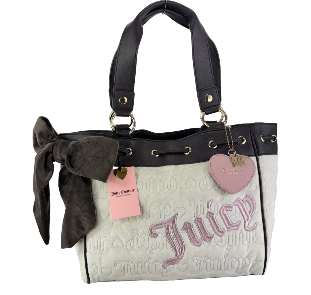 Juicy Couture Cream & Pink Embroidered Tote Bag with Dark Brown Trim