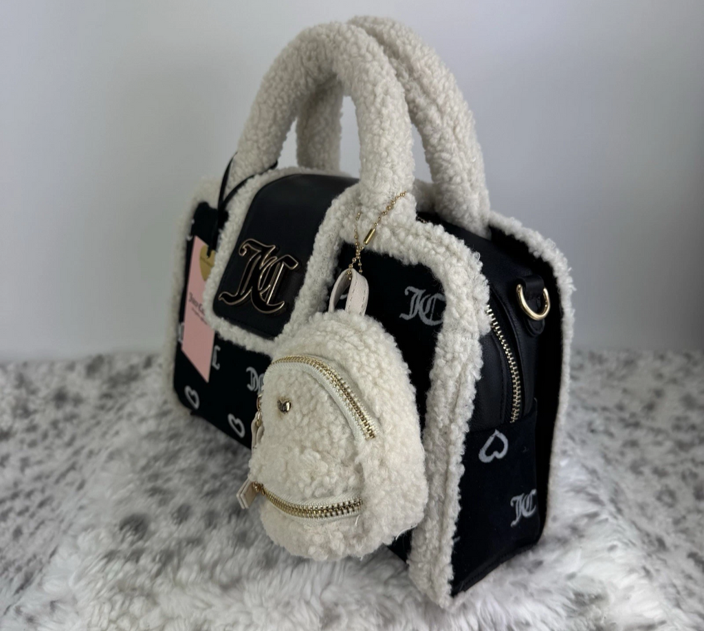 Juicy Couture Black & Cream Sherpa Tote with Mini Sherpa Backpack Charm