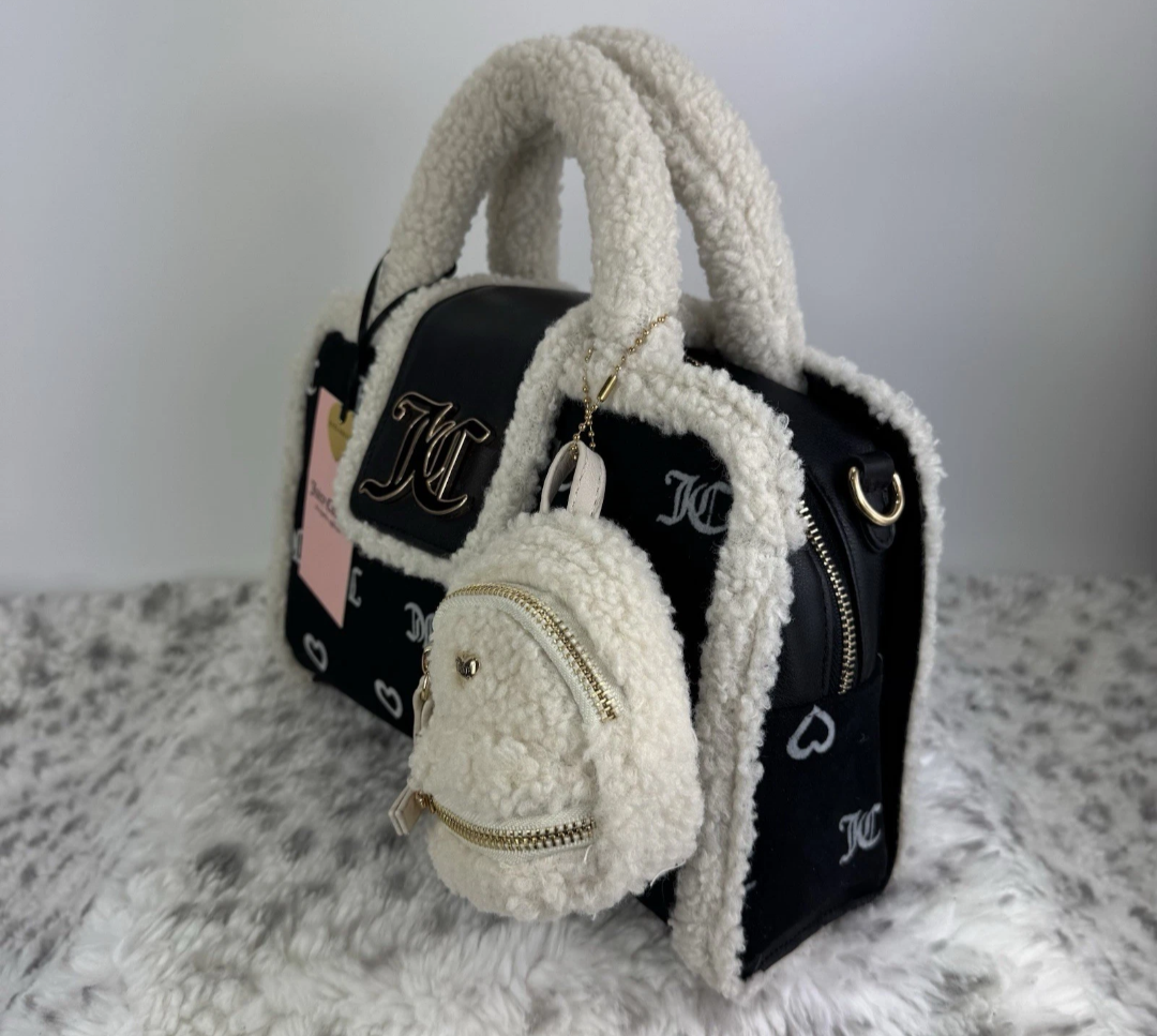 Juicy Couture Black & Cream Sherpa Tote with Mini Sherpa Backpack Charm