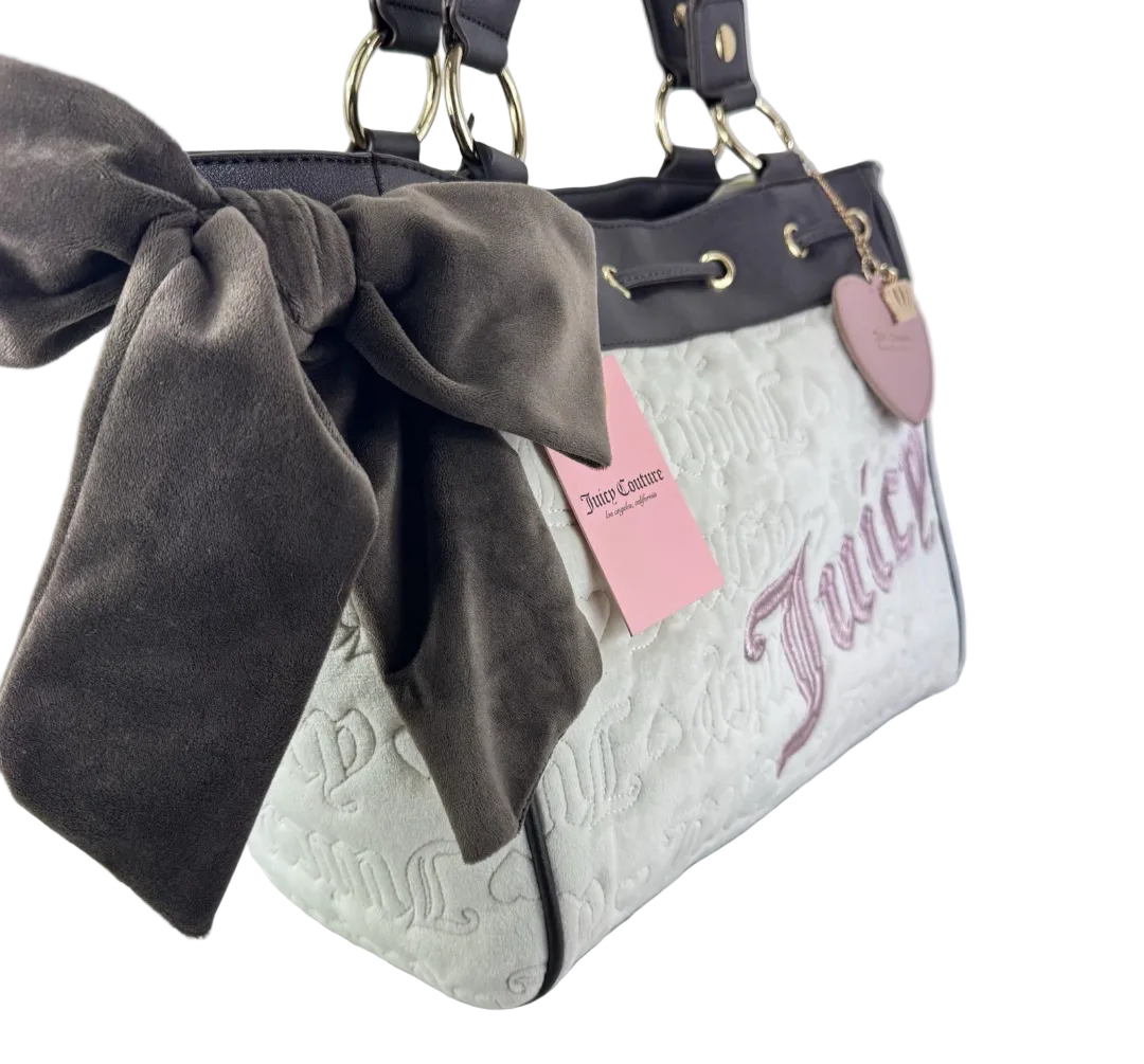 Juicy Couture Cream & Pink Embroidered Tote Bag with Dark Brown Trim