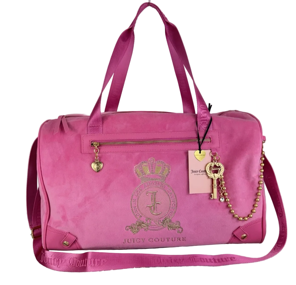 Juicy Couture Hot Pink Velour Travel Duffel with Gold Accents